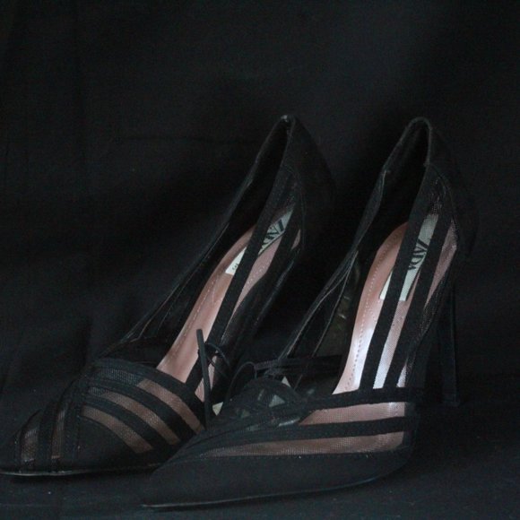 NEW ZARA CLASSIC ELEGANT BLACK MESH POINTED TOE STILETTO HEELS PUMPS - Picture 4 of 6